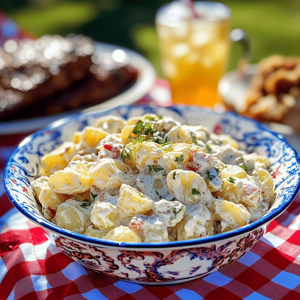 Texas Style Potato Salad in a decorative blue bowl on a picnic table with iced tea and barbecue ribs in the background.
