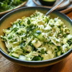 Close-up of chopped cucumber and avocado mixed with herbs in a bowl, showcasing fresh ingredients for a Green Goddess salad.