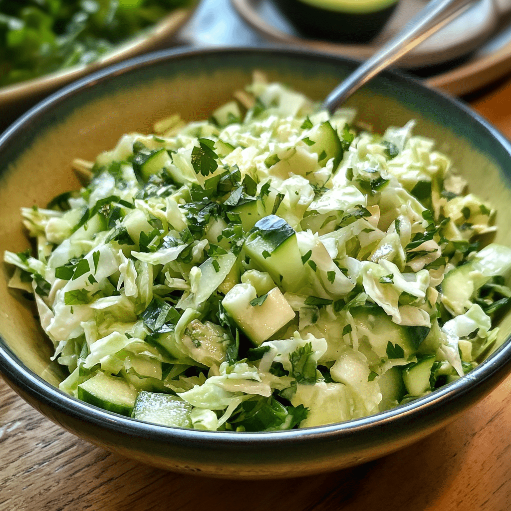 Close-up of chopped cucumber and avocado mixed with herbs in a bowl, showcasing fresh ingredients for a Green Goddess salad.