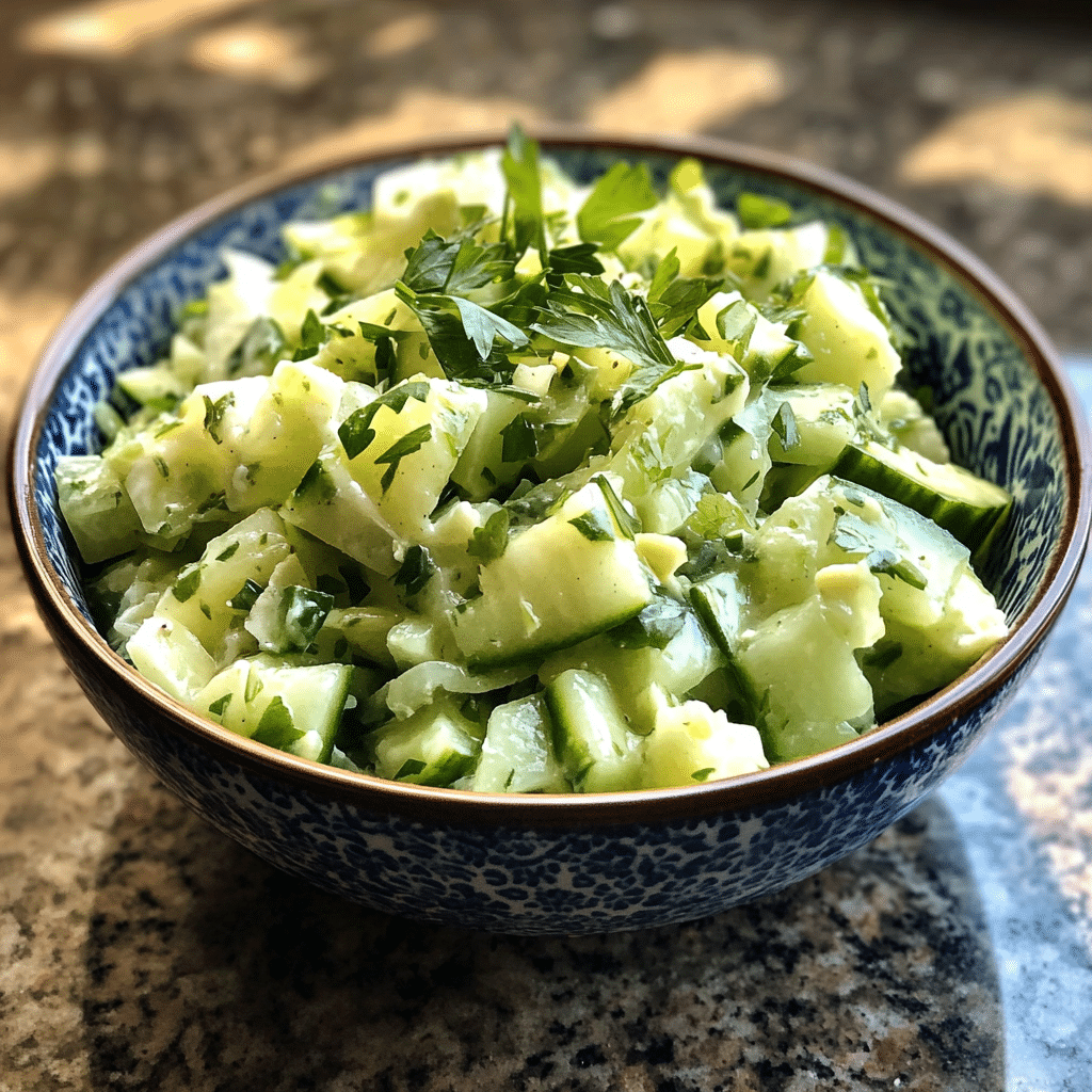 Fresh Green Goddess Salad with cucumber chunks and chopped herbs in a patterned bowl on a stone countertop