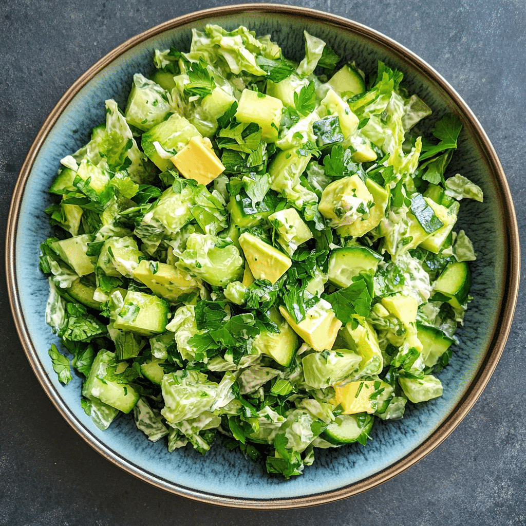 A bowl of Green Goddess salad featuring chopped avocado, cucumber, lettuce, and fresh herbs coated in a creamy green dressing.