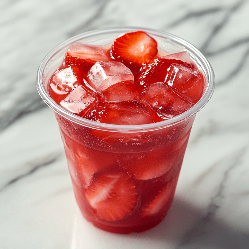 The Rise of Strawberry Matcha Latte: A Fusion of Flavor and Wellness 16 Iced strawberry base with sliced strawberries in a clear plastic cup, a refreshing layer for strawberry matcha latte recipes.