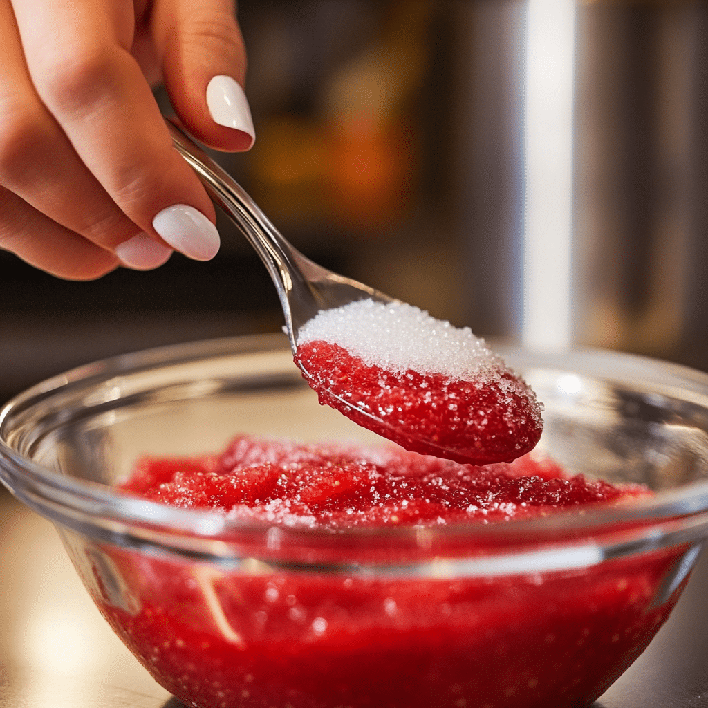 The Rise of Strawberry Matcha Latte: A Fusion of Flavor and Wellness 14 Fresh strawberry puree being poured into a clear glass bowl, used as a key ingredient for making strawberry matcha latte.