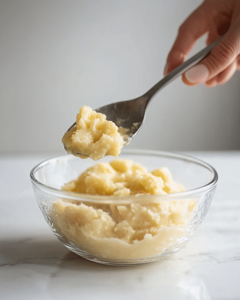 Gluten Free Banana Nut Bread Muffins: A Complete Guide 9 Mashed bananas on a white plate with a fork, used as an ingredient for gluten free banana nut bread muffins, with ripe bananas in the background.