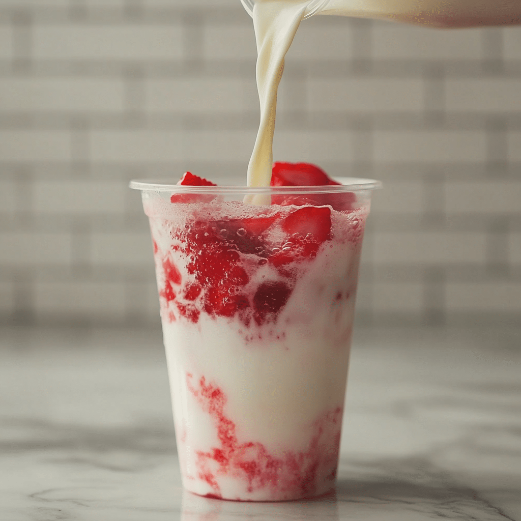The Rise of Strawberry Matcha Latte: A Fusion of Flavor and Wellness 17 Iced strawberry base with sliced strawberries in a clear plastic cup, a refreshing layer for strawberry matcha latte recipes. a