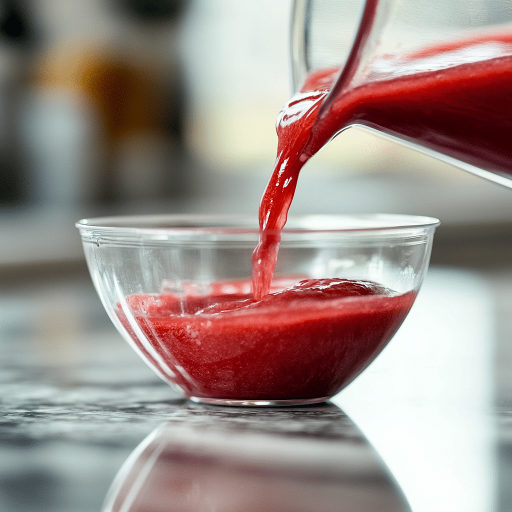 The Rise of Strawberry Matcha Latte: A Fusion of Flavor and Wellness 15 Fresh strawberry puree being poured into a clear glass bowl, used as a key ingredient for making strawberry matcha latte.