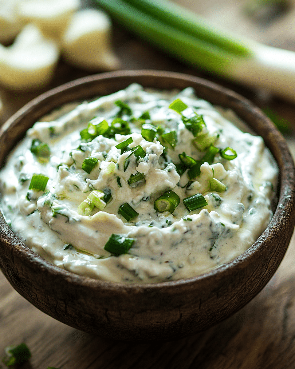 Rustic wooden bowl filled with creamy gorgonzola and scallion cheese dip, topped with chopped green onions on a wooden table.aa
