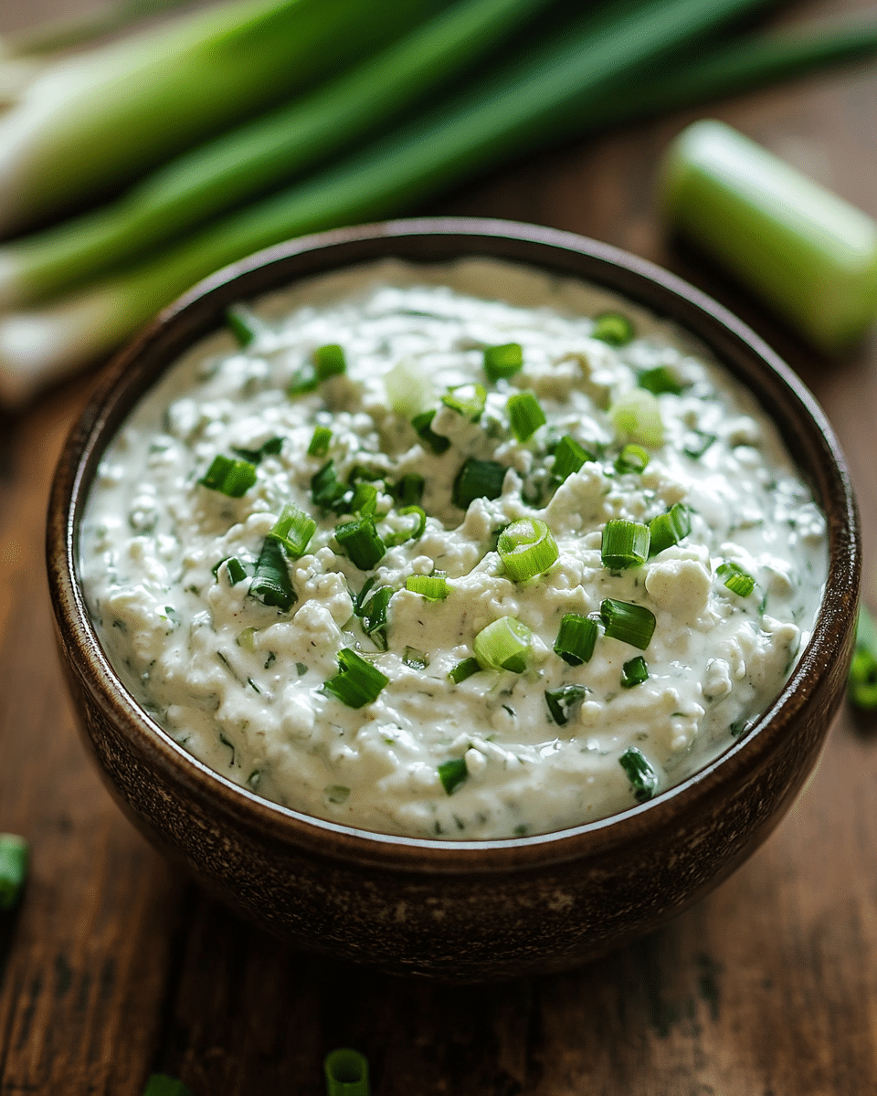 DRustic wooden bowl filled with creamy gorgonzola and scallion cheese dip, topped with chopped green onions on a wooden table.