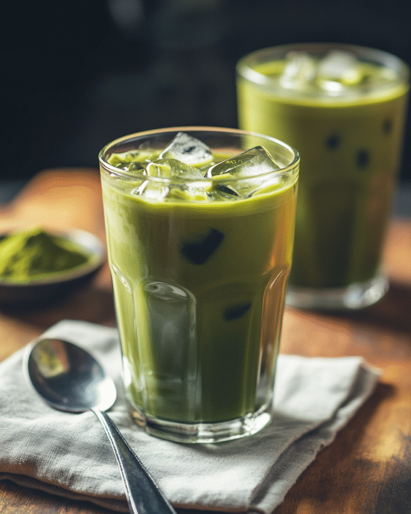 Iced matcha latte in a clear glass with ice cubes, served on a napkin with a spoon and matcha powder in the background
