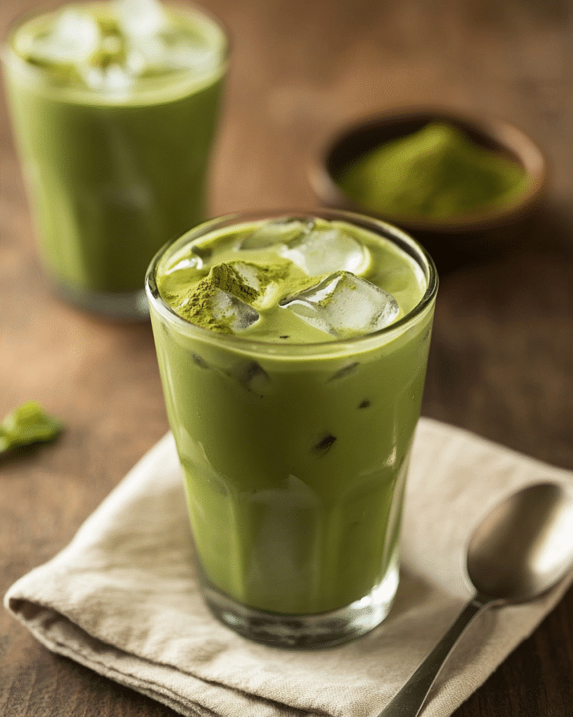 Best Matcha Drink Recipes: From Classic Lattes to Creative Twists 4 Chilled matcha latte served in a glass with ice cubes, placed on a beige napkin with a spoon and matcha powder in the background