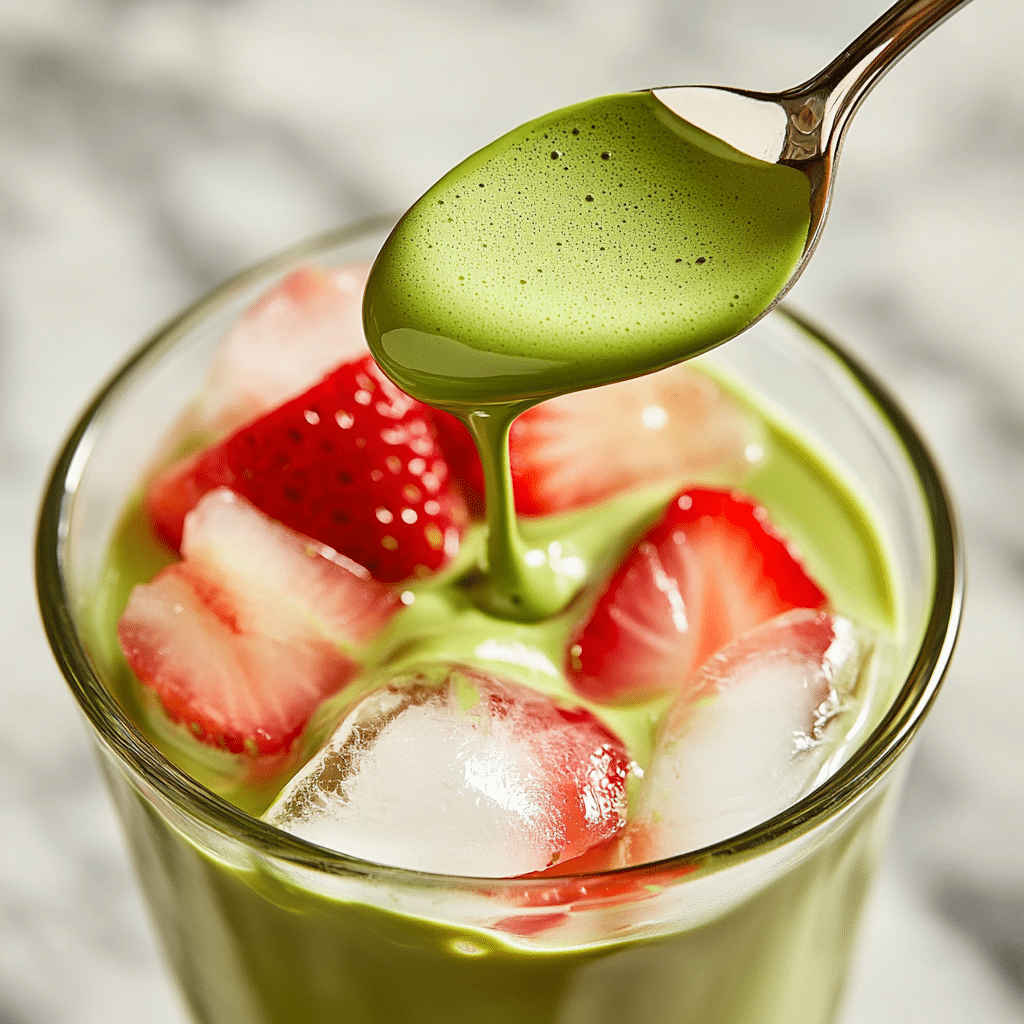 The Rise of Strawberry Matcha Latte: A Fusion of Flavor and Wellness 18 Close-up of creamy matcha green tea being poured over ice and sliced strawberries in a glass, forming part of a strawberry matcha latte.