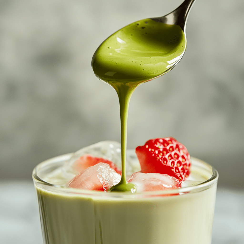Thick matcha being poured from a spoon into a glass with iced milk and sliced strawberries, completing a strawberry matcha latte.