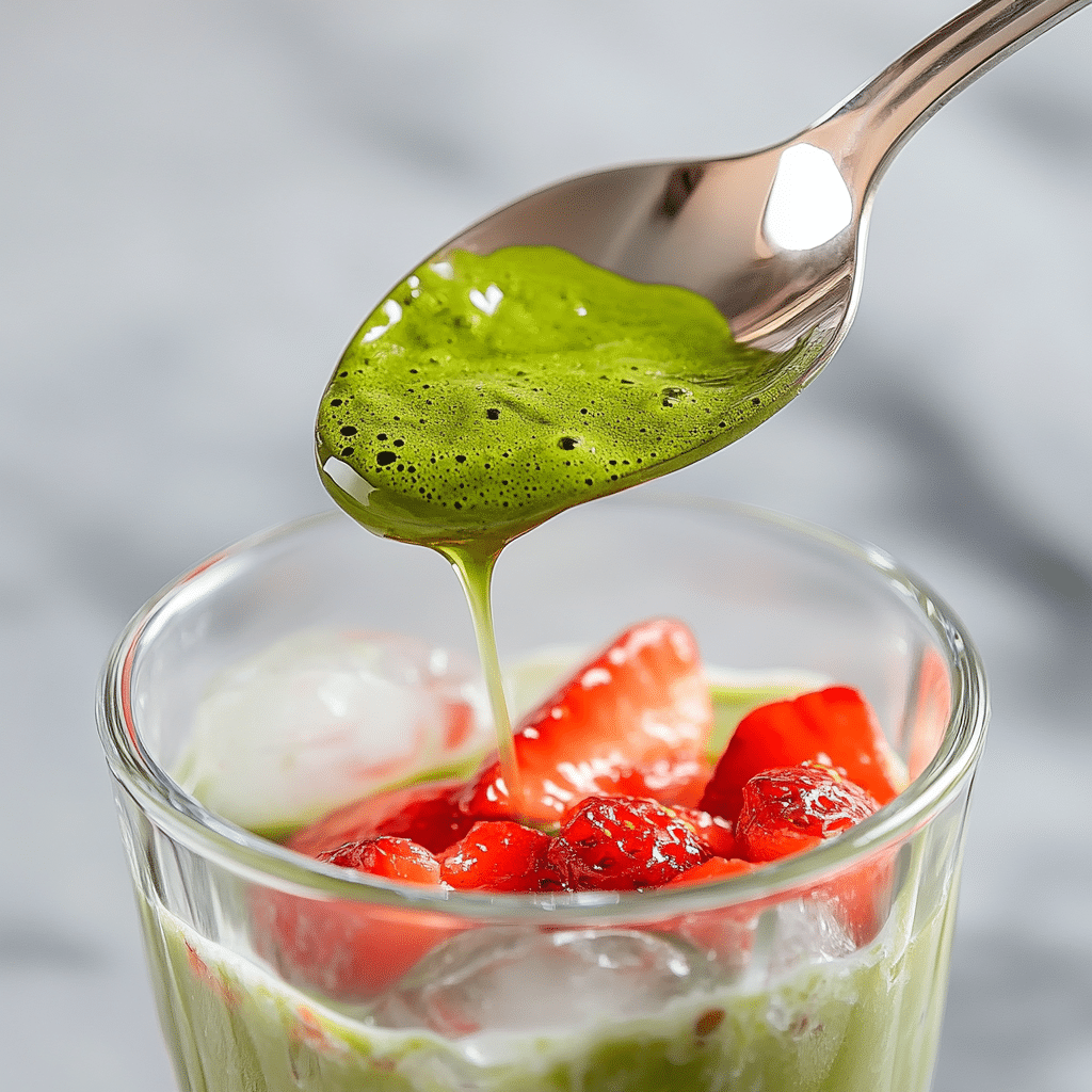 How to Make Strawberry Matcha Latte: A Refreshing Homemade Guide 1 Thick matcha being poured from a spoon into a glass with iced milk and sliced strawberries, completing a strawberry matcha latte. a