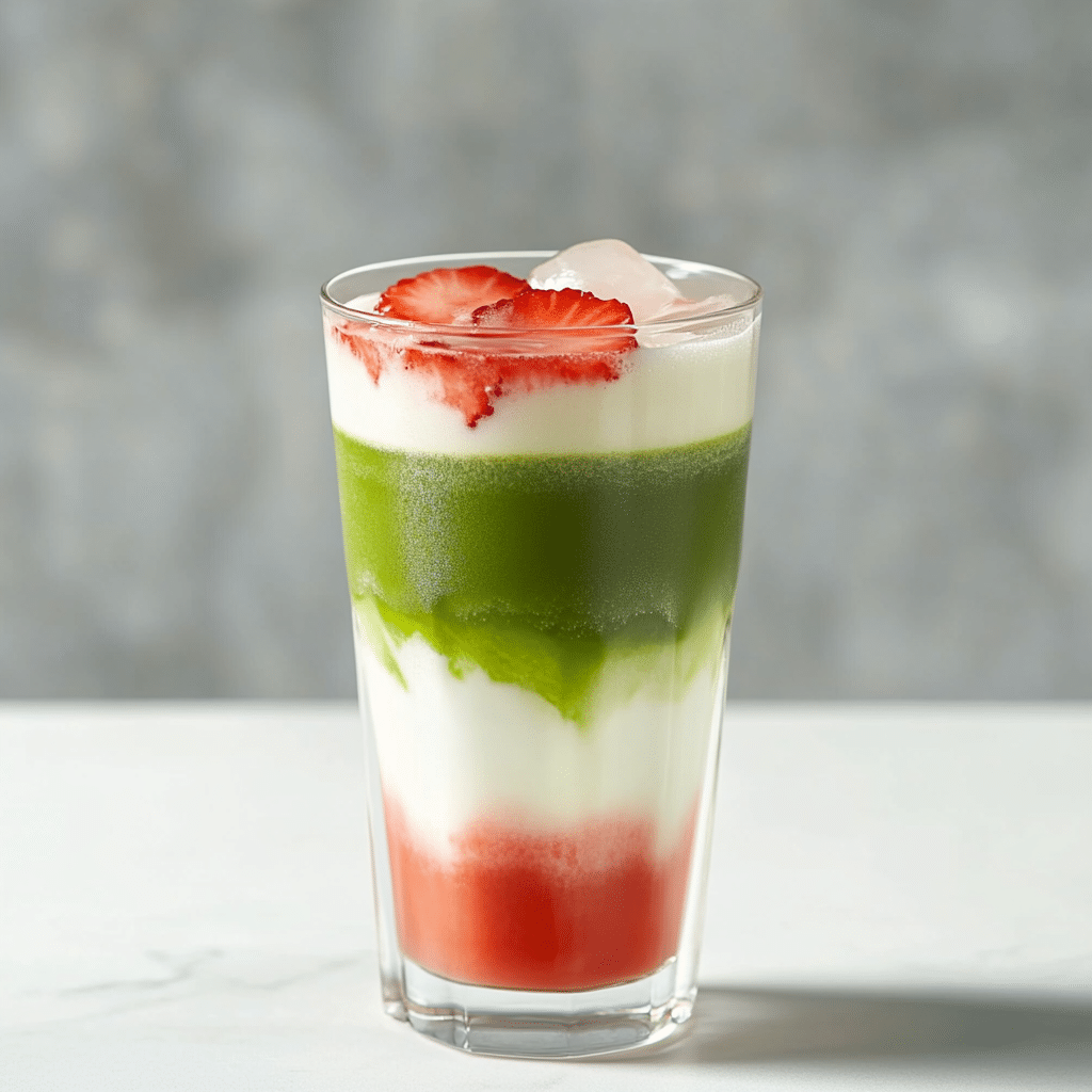 How to Make Strawberry Matcha Latte: A Refreshing Homemade Guide 2 Layered strawberry matcha latte in a tall clear glass with vibrant red, white, and green layers topped with sliced strawberries and ice.