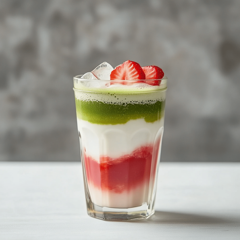 How to Make Strawberry Matcha Latte: A Refreshing Homemade Guide 3 Layered strawberry matcha latte in a tall clear glass with vibrant red, white, and green layers topped with sliced strawberries and ice.