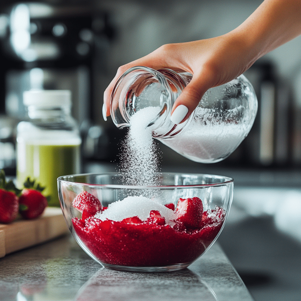The Rise of Strawberry Matcha Latte: A Fusion of Flavor and Wellness 13 Hand pouring sugar into a bowl of fresh strawberries and puree, preparing a sweetened base for strawberry matcha latte