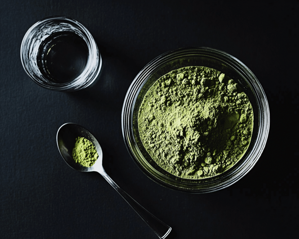 Best Matcha Drink Recipes: From Classic Lattes to Creative Twists 1 Close-up of hot water being poured into a glass bowl filled with vibrant green matcha powder on a dark surface
