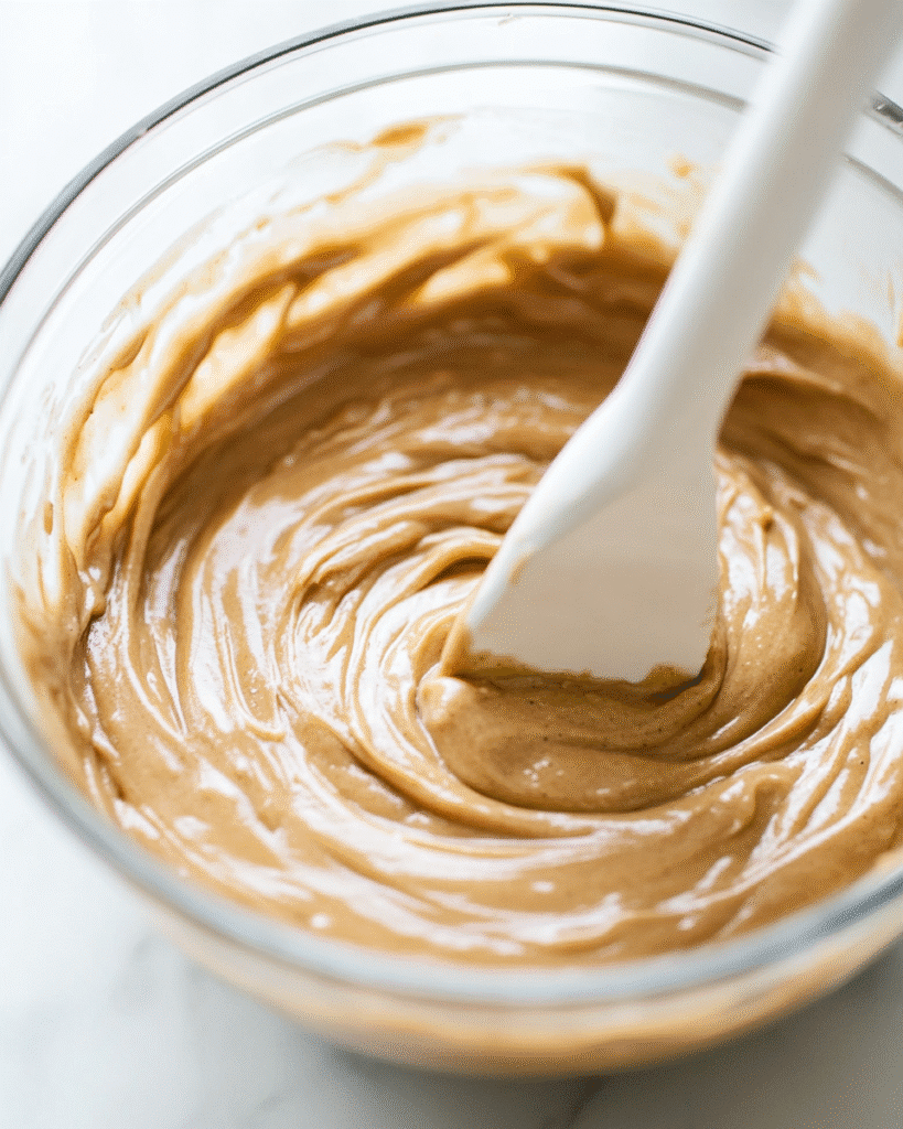 Gluten Free Banana Nut Bread Muffins: A Complete Guide 11 Smooth gluten free banana nut bread muffin batter being mixed in a glass bowl with a white spatula.