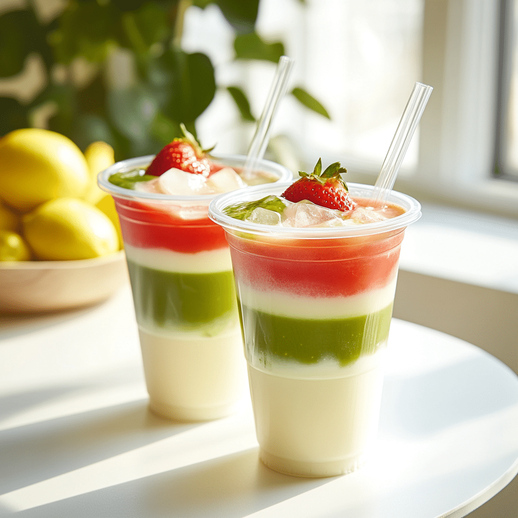 Layered strawberry matcha latte in clear plastic cups with ice and fresh strawberries on top, set on a bright table with lemons in the background.